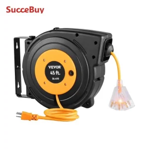 Heavy Duty Retractable Extension Cord Reel 45/50/65 FT with Lighted Triple Tap Outlet 180° Swivel Bracket