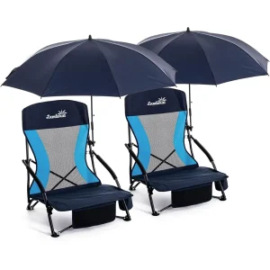 Folding lightweight Beach Chair With Umbrella For Adults, 2 Pa Portable Low Beach Chairs With 300Lbs capacity