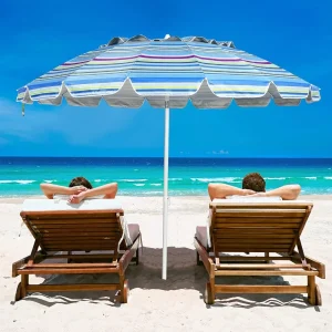 8FT Portable Beach Sunshade Umbrella, W/Sand Anchor & Tilt Mechanism, 16 Sturdy Fiberglass Ribs